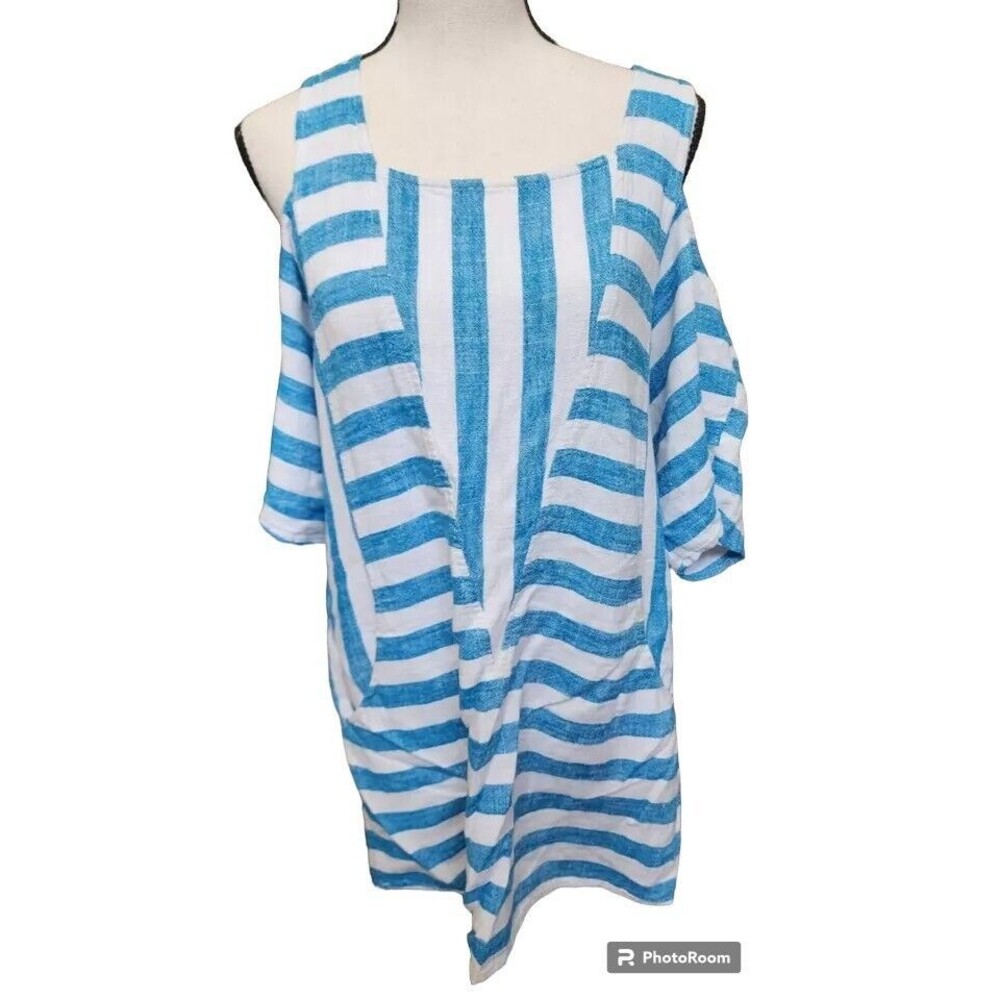 Soft Surroundings Striped Top Medium Linen Blend Cold Shoulder